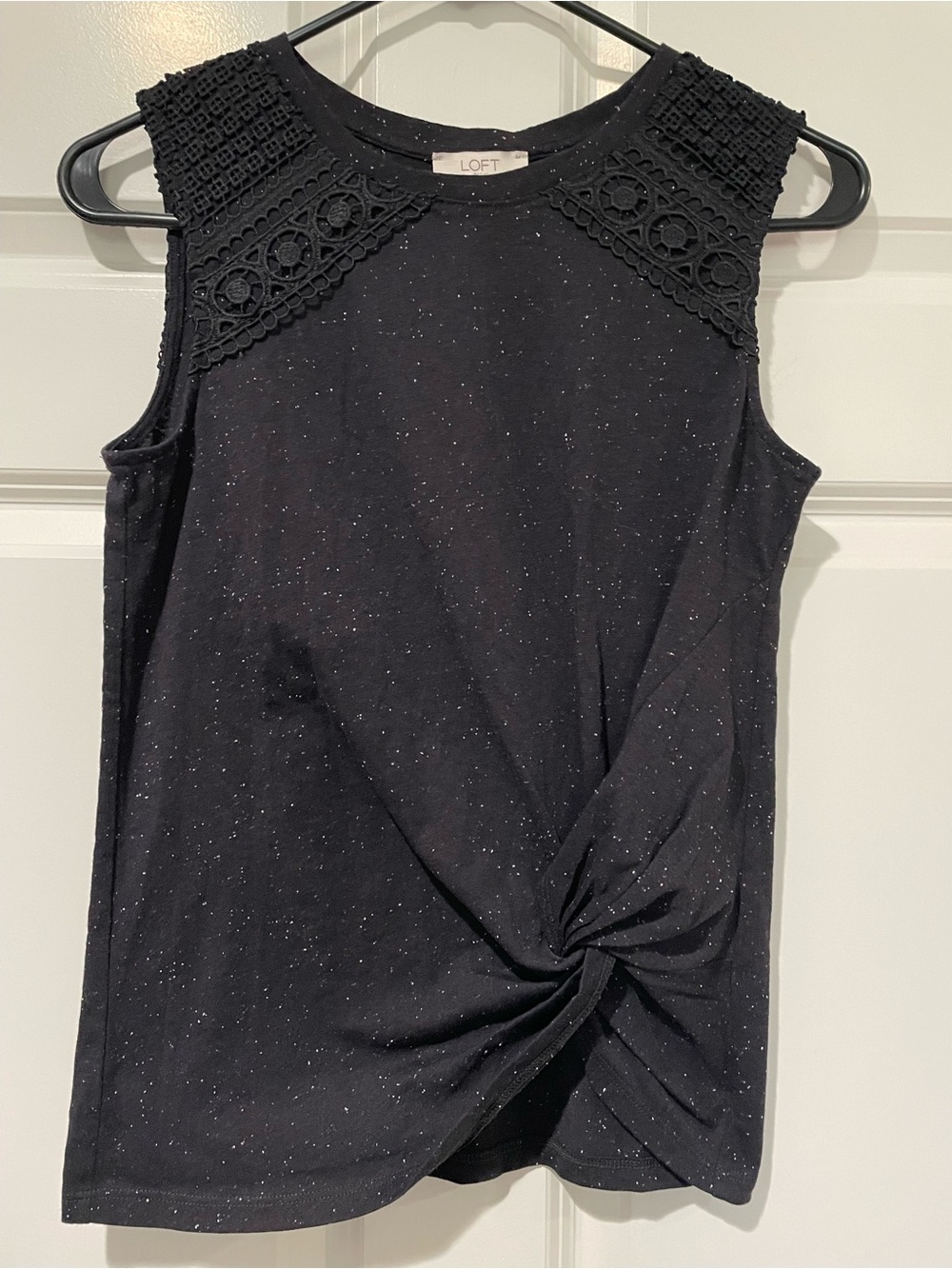 LOFT Black Speckled Knot-Front Tank with Crochet Yoke